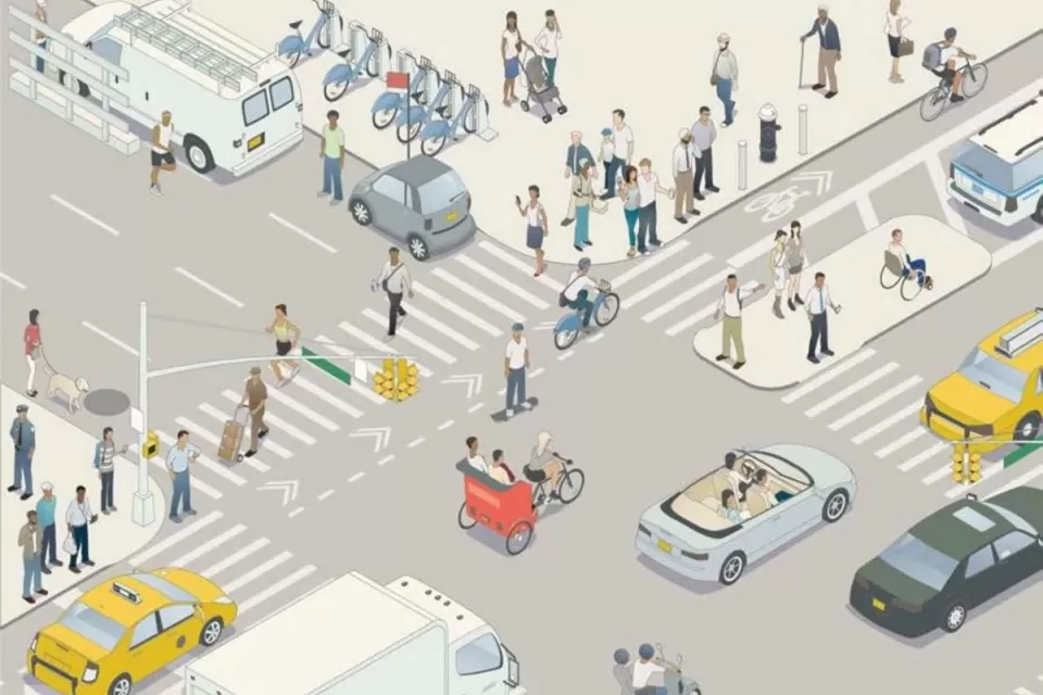 Graphic of busy city intersection with crosswalk, cars, people, and bike share station.
